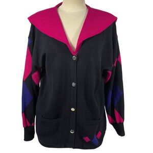 Vintage Laurel By Escada Wool Black Pink Blue Harlequin Diamond Cardigan Sz 42